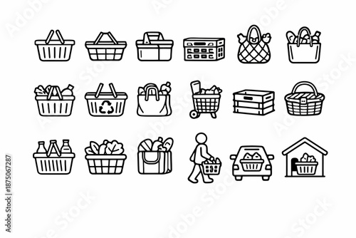 Vector icons of shopping baskets and grocery items