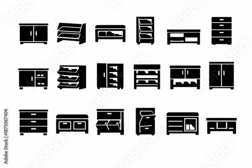 Set of various black furniture icons including cabinets and shelves