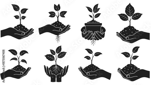 collection of hands holding and nurturing small plants with soil