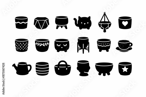 Silhouette collection of various planters and mugs on white background