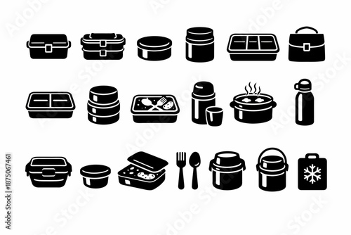 Assorted black lunch containers and utensils vector set