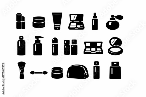 Essential cosmetic icons: makeup, skincare, perfume, brushes, containers