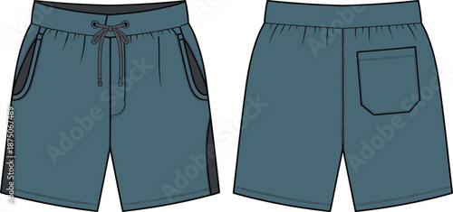 Men casual drawstring shorts front back view, athletic summer apparel design, flat vector clothing illustration for fashion manufacturing