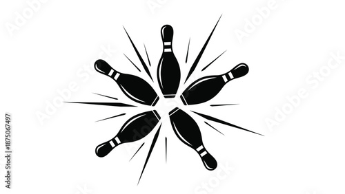 black bowling pins arranged in a circular pattern with lines