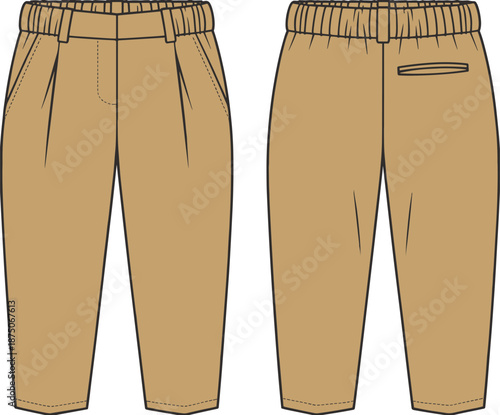 Men elastic waistband chinos pants front back view, modern casual trousers design, flat vector fashion illustration for apparel manufacturing