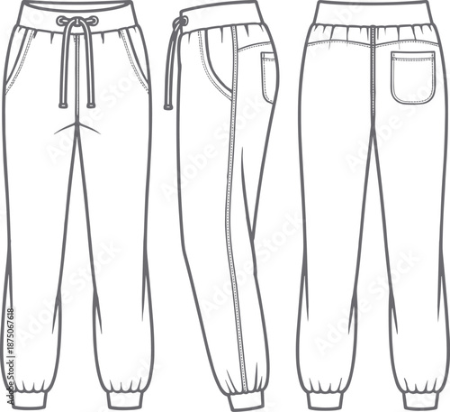 Men jogger pants flat vector illustration, front side back view, casual sweatpants technical CAD drawing apparel design isolated