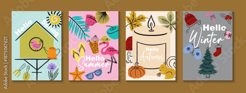 Hello Seasons Vector Greeting Cards Set