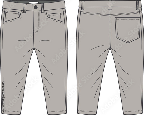 Men cropped pants technical flat vector illustration, front and back view, casual trousers apparel CAD drawing isolated white background