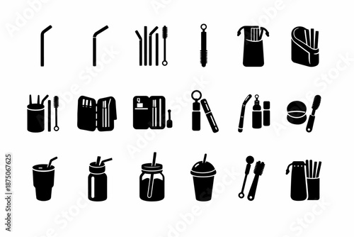 Various reusable straw and cleaning brush set silhouettes on white background