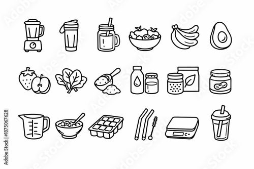Smoothie ingredients and kitchen tools collection in line art