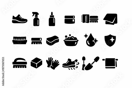Shoe care essentials: icons of cleaning and protection tools for footwear