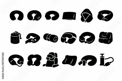 Variety of travel neck pillows and accessories silhouette collection