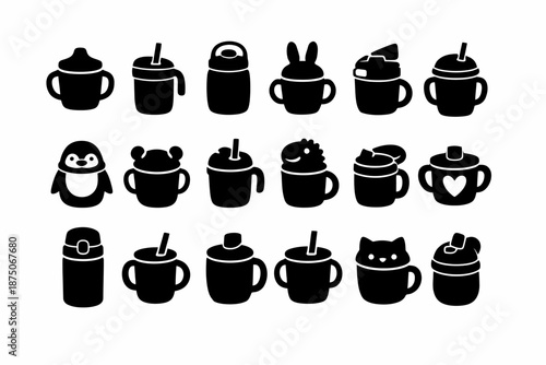 Cute icon set of various animal and character themed sippy cups