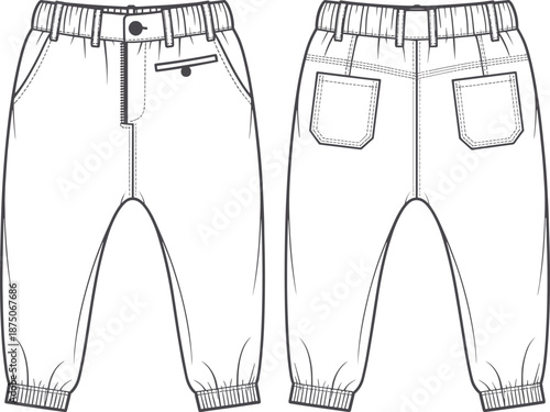 Men jogger pants front back view, zipper fly elastic waistband, casual fashion apparel, flat vector technical illustration for manufacturing