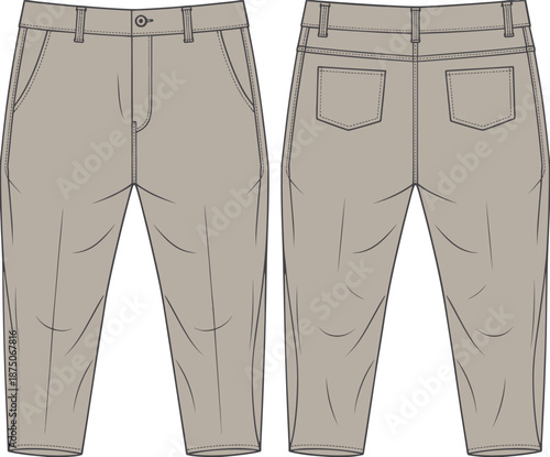 Men slim fit pants flat vector illustration, front and back view, casual trousers technical CAD drawing apparel design isolated
