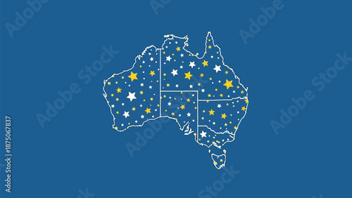 Stylized map outline of the continent of Australia filled with scattered yellow and white stars on a solid deep blue background