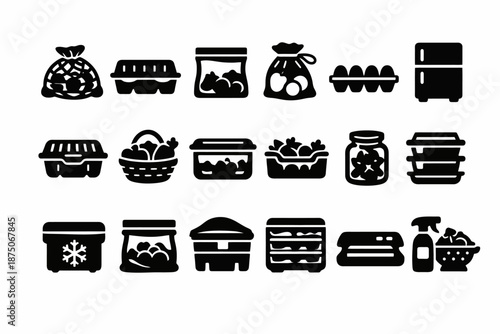 Black food storage icons set: baskets, containers, and refrigeration