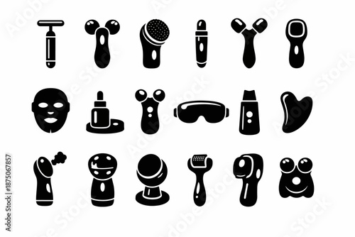 Silhouette icons of skincare and beauty tools on white background