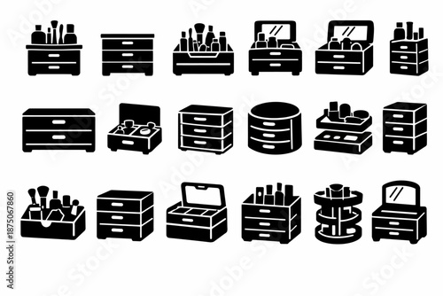 Silhouette icons of makeup organizer and dresser sets