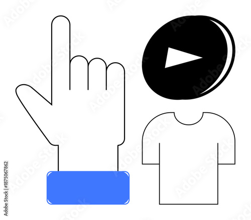 Digital interaction, multimedia, user interface, clothing design, creativity, online tools. A hand pointing with a play button and a t-shirt shape. Digital interaction and multimedia concept