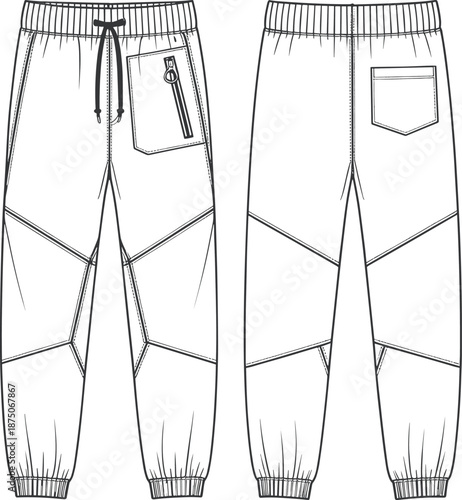 Men technical jogger pants front back view, drawstring waistband zipper pocket, flat vector fashion illustration for sportswear manufacturing