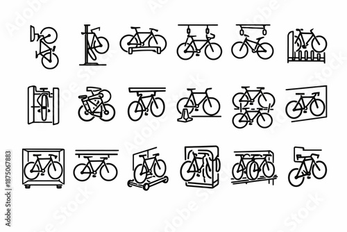 Diverse bicycle rack designs displayed in minimalist line art