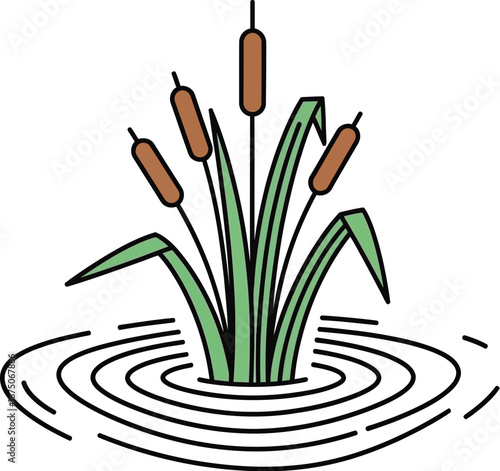 Simple illustration depicting several cattails growing out of the water with distinct ripples emphasizing a calm wetland environment
