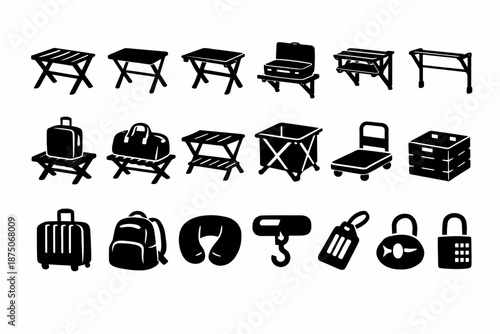 Luggage and travel equipment icons set: suitcase, bag, trolley, backpack, lock