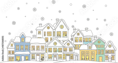 Charming pastel colored winter village houses cluster together beneath a light snowfall illustration perfect for holiday greetings