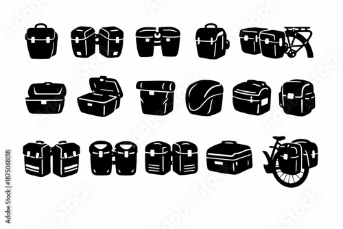 Variety of bicycle panniers and saddlebags in black and white illustration