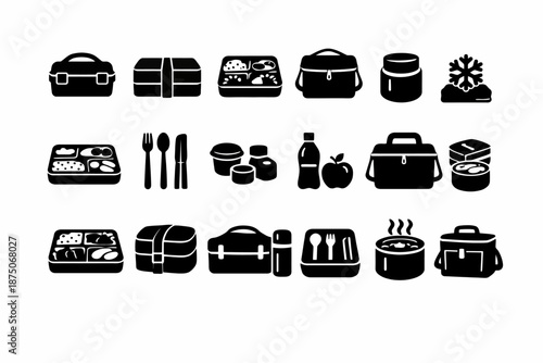 Black and white lunch icons: bento, containers, thermos, bag, apple, soda, utensils
