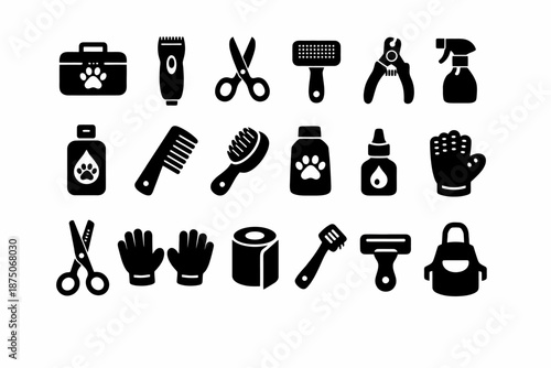 Pet grooming icons set: tools for dog and cat care including clippers and brushes