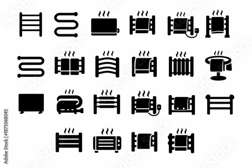 Collection of 24 black towel rail and radiator icons with heat indicators