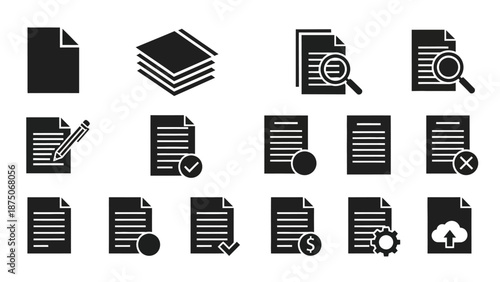 collection of document icons with various symbols and actions