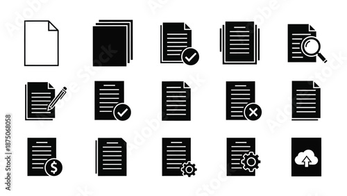 collection of document icons with various symbols and actions