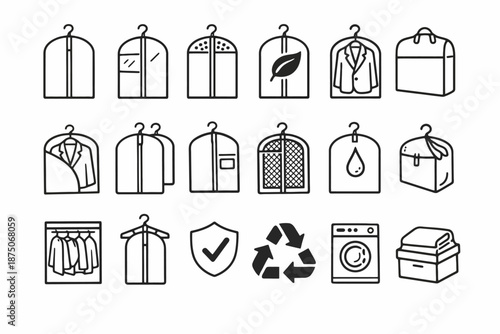 Garment bag icons: clothing protection and laundry symbols for sustainable fashion care