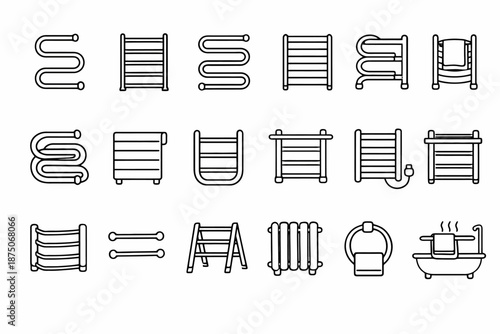 Variety of towel rack designs and heated towel rails line icons