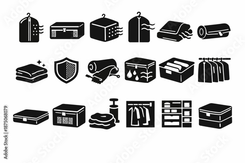 Collection of black travel and storage icon set for clothes and linens