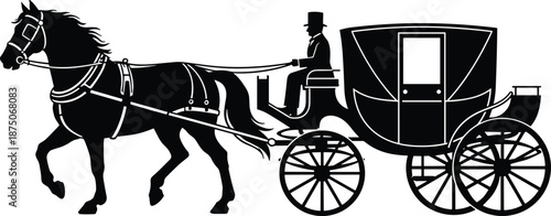 Vintage horse-drawn carriage silhouette vector, traditional transport illustration, historical travel scene, black and white coach with driver reins
