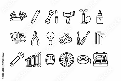 Black and white bicycle repair tools and accessories icons set