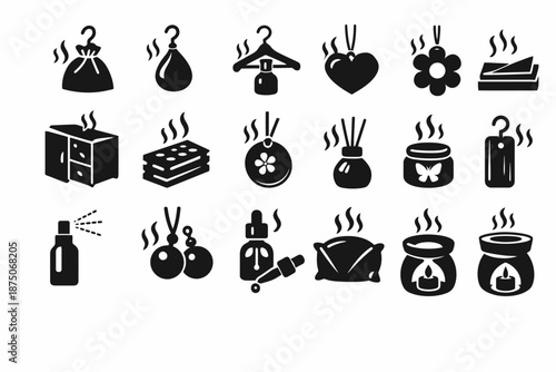 Collection of black aromatherapy icons: oils, diffusers, candles, sprays, and more