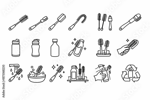 Set of bottle cleaning tools and usage icons for eco-friendly practices