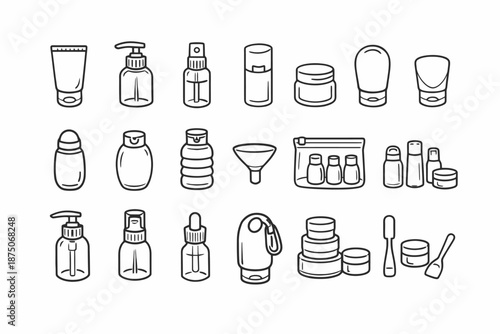 Set of travel-size cosmetic bottles and containers for toiletries
