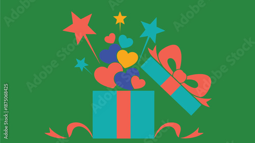 A colorful gift box opens to reveal hearts and stars against a green background.