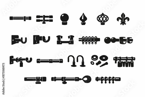 Silhouette collection of curtain rods and finials icons on white background
