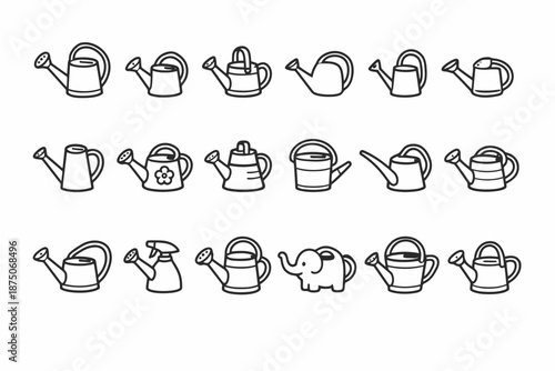 Black and white cartoon style watering cans and elephant object art
