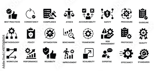 Best practices icon set. Containing workflow, guidelines, performance, standards, improvement, protocols, procedures and methodology. Solid vector icons collection.
