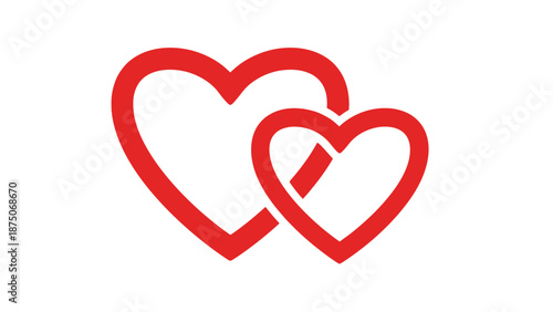 Two red hearts are intertwined on a white background.