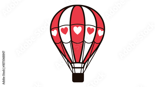 Whimsical hot air balloon with heart details floats against a clean white background.