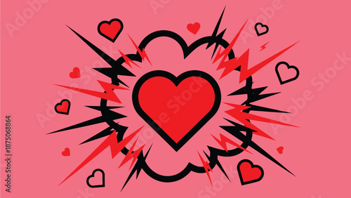 Vibrant red heart explodes with energy and love on a pink background